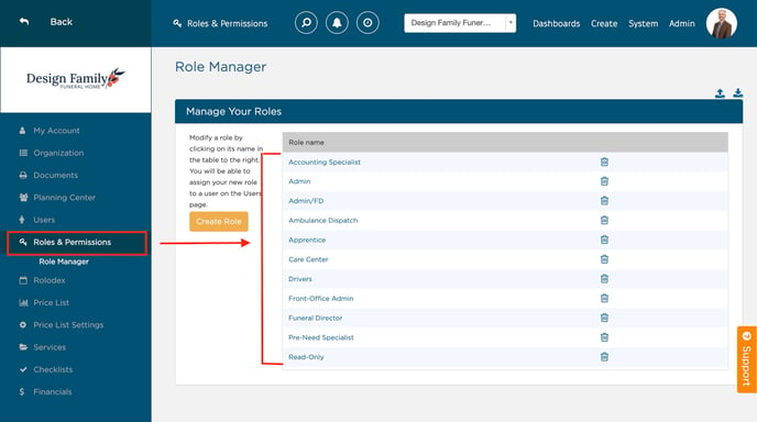 Arrow pointing to various roles on Roles & Permissions page