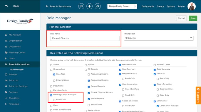 Planning Center Messages setting on Role Manager page
