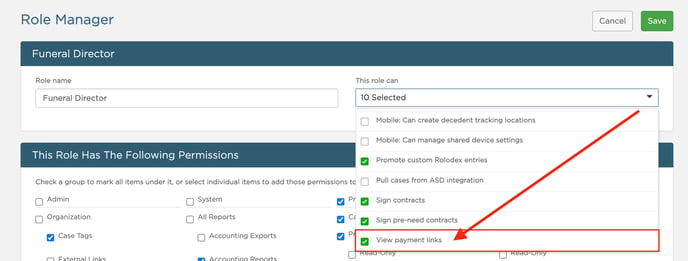 View payments permission on Role Manager page