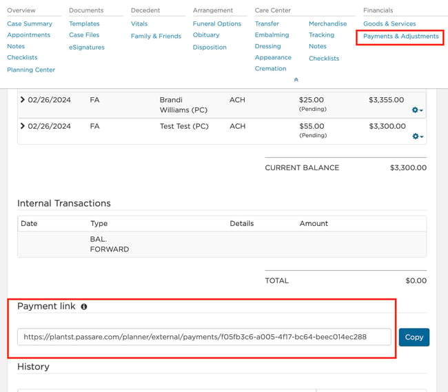 Payment Link on Payments & Adjustments page