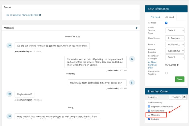 Lock messages in Planning Center section of a case