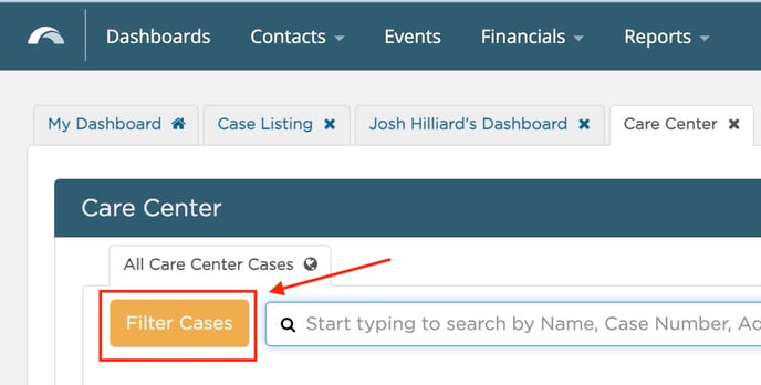 Filter cases in the Care Center dashboard