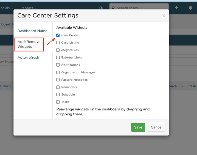 Selecting Care Center widget to add