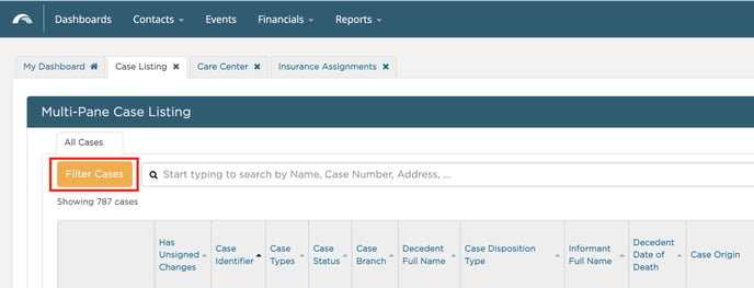 Filter Cases button in Case Listing