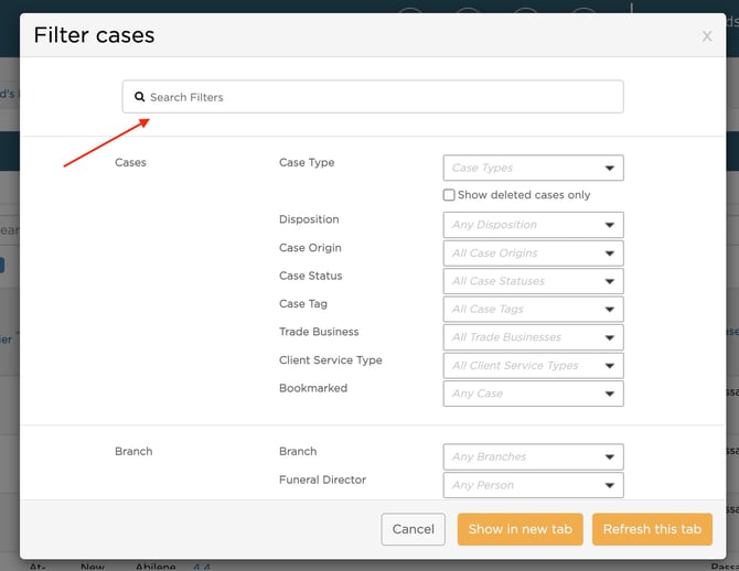 A box will appear where you can make your selections. Type in the search to find the filter you need. 
