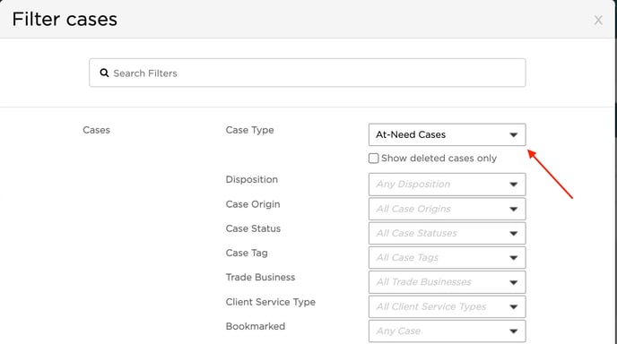 Selecting at-need cases for case filters