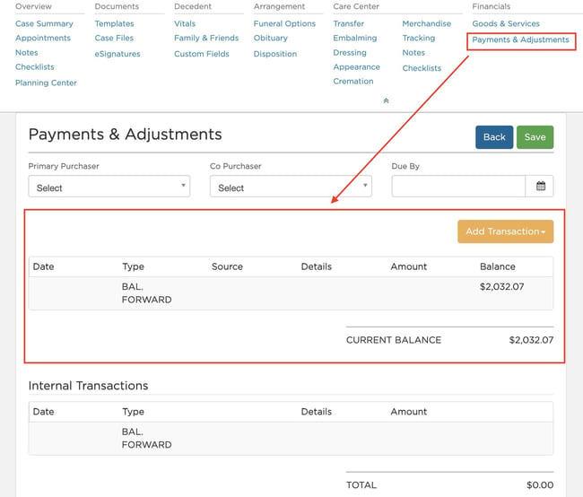 Payments & adjustments page