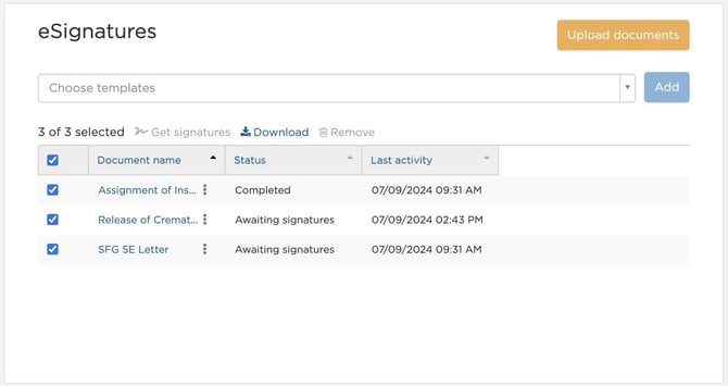 eSignatures page showing signature statuses