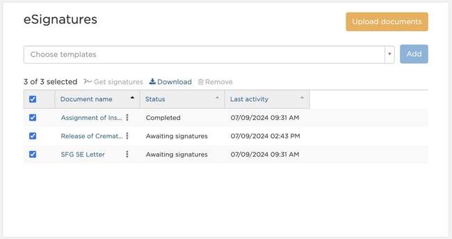 eSignatures page showing signature statuses