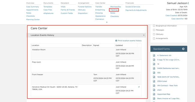 Tracking page in Care Center