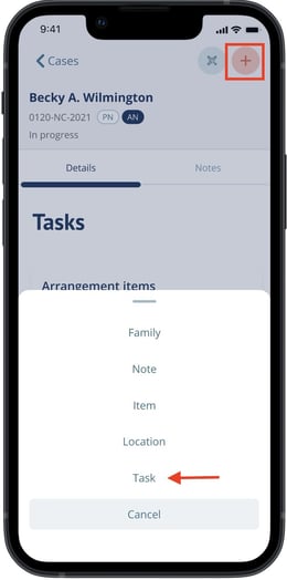 Task option in Add modal inside a case