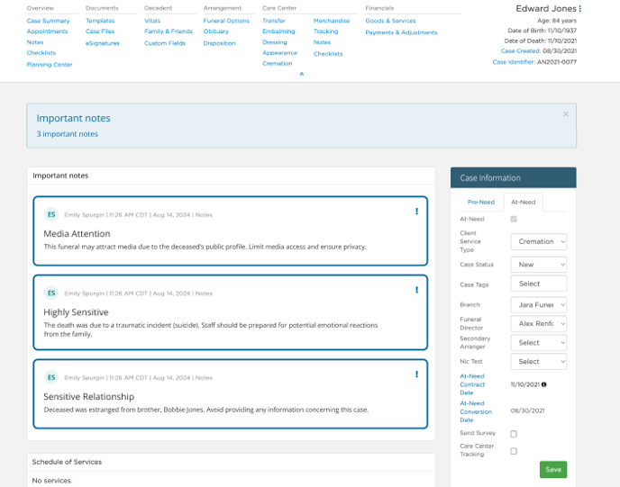 Case showing important notes on Case Summary and in banner