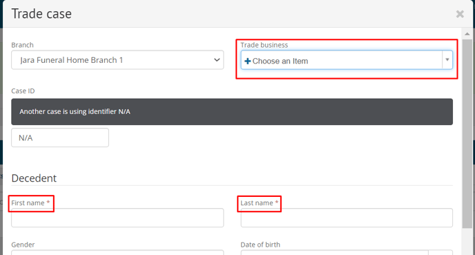 using the trade case pop-up, choose the trade business you want to work from and complete the first and last name fields