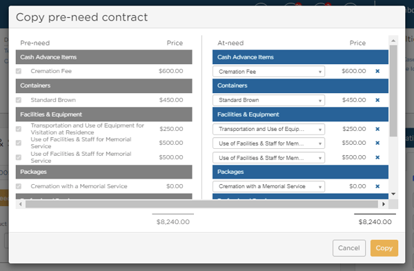 a modal will appear comparing your pre-need items and prices side-by-side