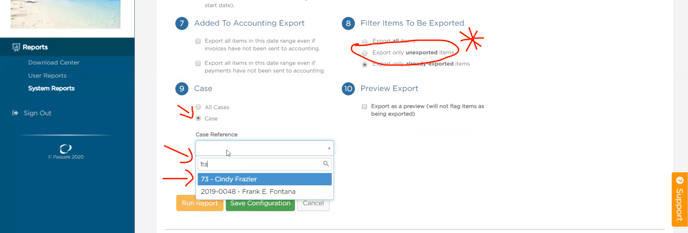 Passare - Report Filters - To be exported & case. select export only unexpected cases. select "case" and search for case, then select from drop down.