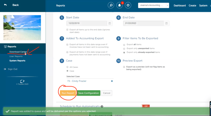 Passare - click Run report - go to download center