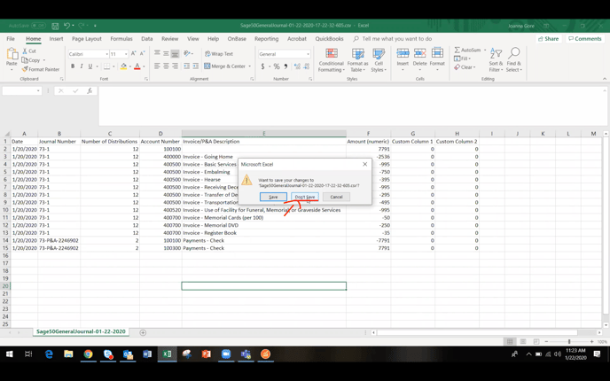 Passare - excel report - when exiting, select dont save