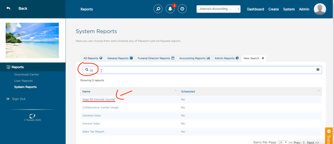 Passare - under system reports, search "sa" -  select Sage 50 General journal