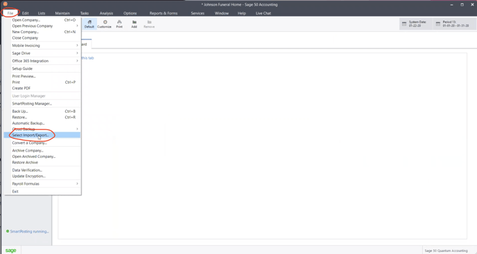 Sage - File - Select import/export