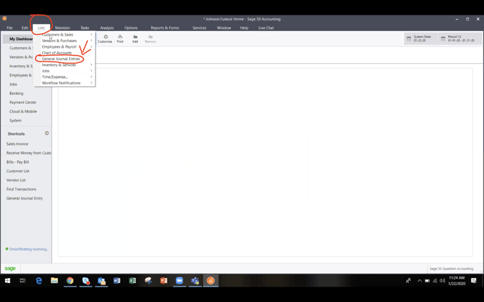 Sage - lists drop down- select General journal entries