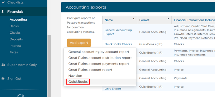 In accounting exports section click add export, then quickbooks