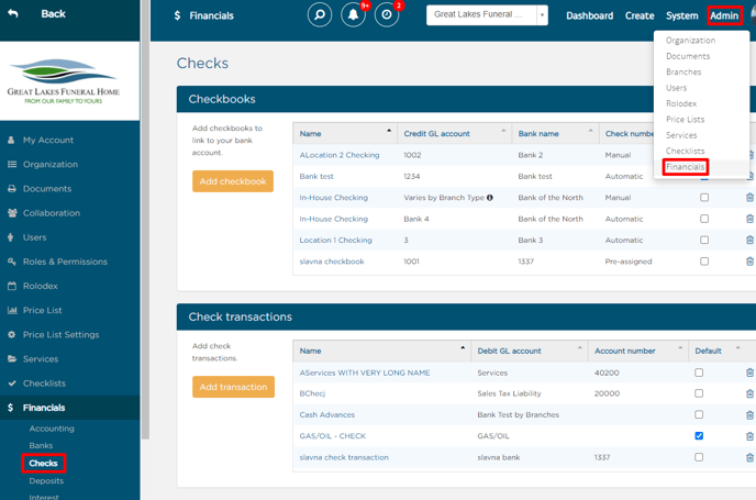 select Admin then financials then checks