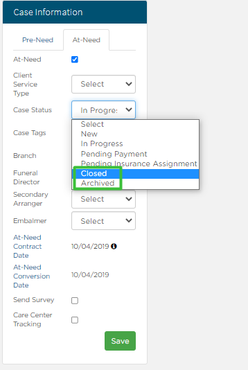 case status closed and archived options from case information sidebar