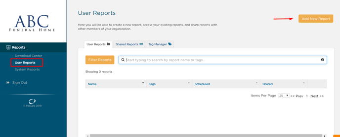 Add New Report button in User Reports