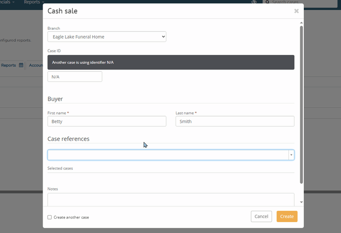 Cash sale case creation modal