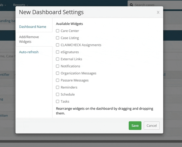 Add/Remove widgets section of Dashboard settings modal