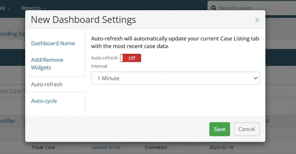 Auto-refresh section of Dashboard settings modal
