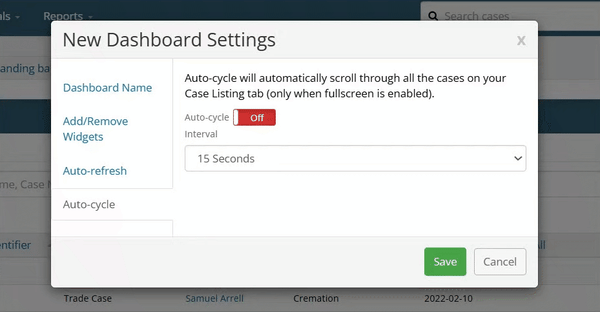 Auto-cycle section of Dashboard settings modal