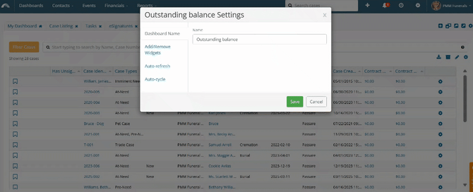 Edit dashboard settings modal
