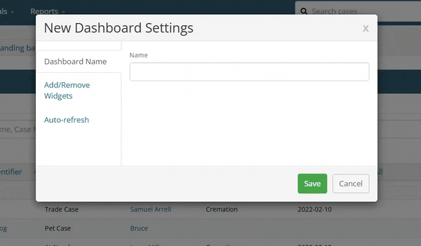 Name field in Dashboard settings modal