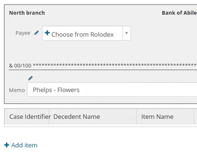 Payee field showing Rolodex dropdown or manual entry