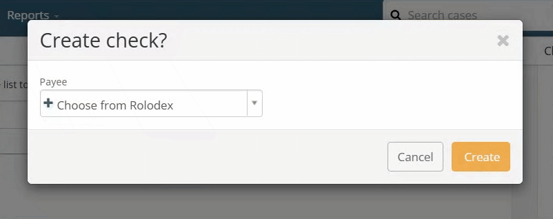 Create check modal showing payee field with Rolodex dropdown