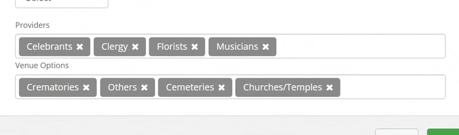 Providers and Venue options fields with categories selected