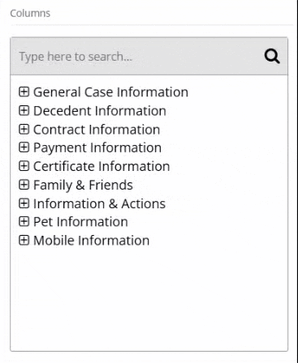 Searching for columns in Configure Columns modal