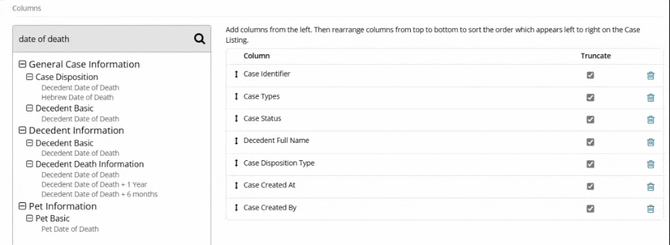 Adding and rearranging columns on the Configure Columns modal