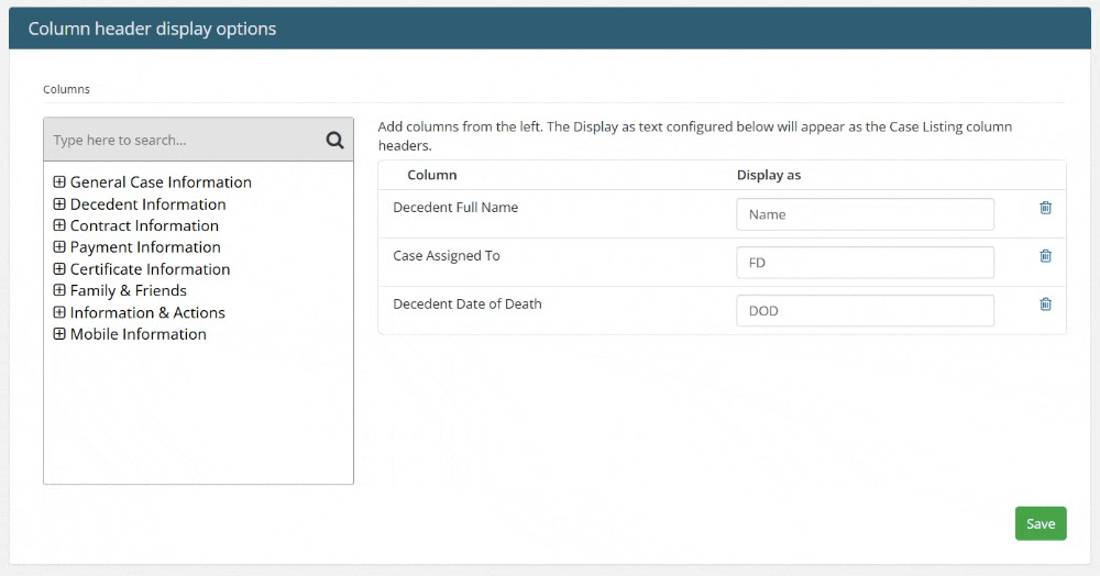 Search, drag, and type in new column name
