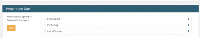 List of 3 Preparation Due types, one being reordered in the list and the ellipsis clicked to show Edit and Delete