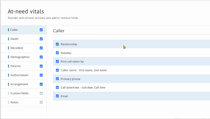 Edit configuration by checking or unchecking fields and sections