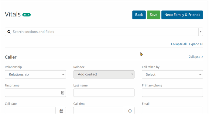 Search sections and fields on the Vitals page