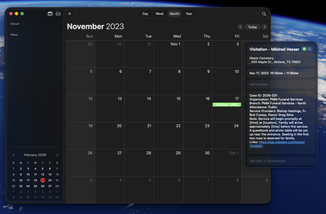 Passare Visitation event uploaded onto Apple iCal with details popover