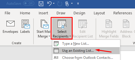 select Use an existing list from the Select Recipients dropdown