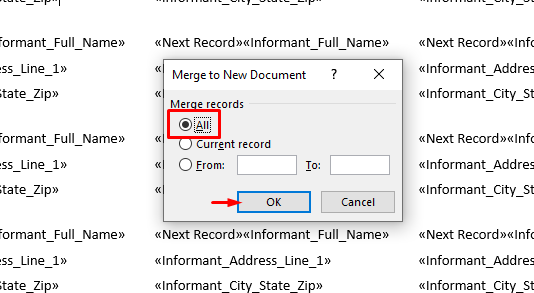 Merge to New Document pop-up window