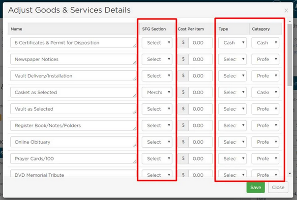 Adjust Goods & Services Details pop-up