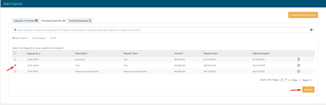 select checkboxes of which deposits you want to export