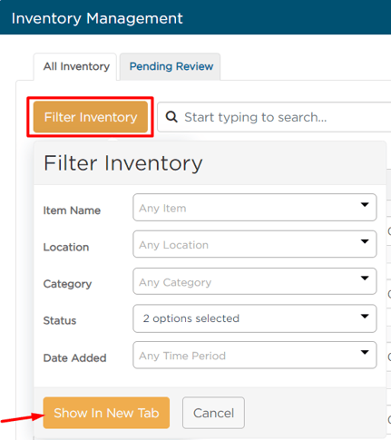 Filter Inventory options