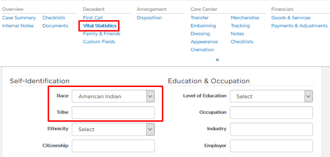 tribal information on the Vital Statistics page in a case